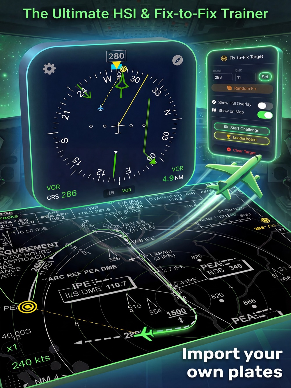 HSI App Store artwork showing an instrument, fix-to-fix controls and an imported approach plate